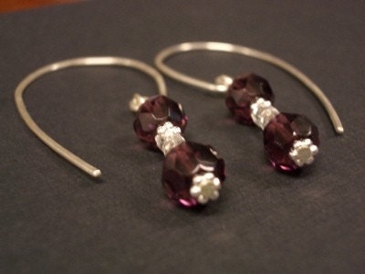 Purple Czech bead earrings in Sterling Silver - Free Shipping
