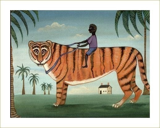TIGER PRINT Boy on Tiger AFRICAN JUNGLE CAT Whimsical Folk Art Print SIGNED Striped KITTY POSTER Wendy Presseisen