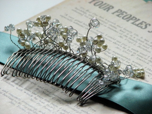 Hand Beaded Clusters Wedding Hair Clip with Swarovski Crystals and Pearls