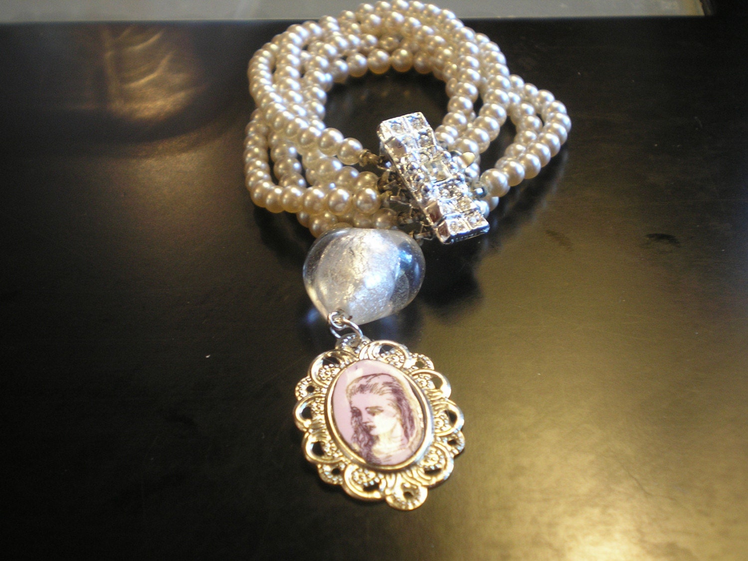 Alice In Wonderland glass pearl altered art charm bracelet ooak zne by Summerpoet studios