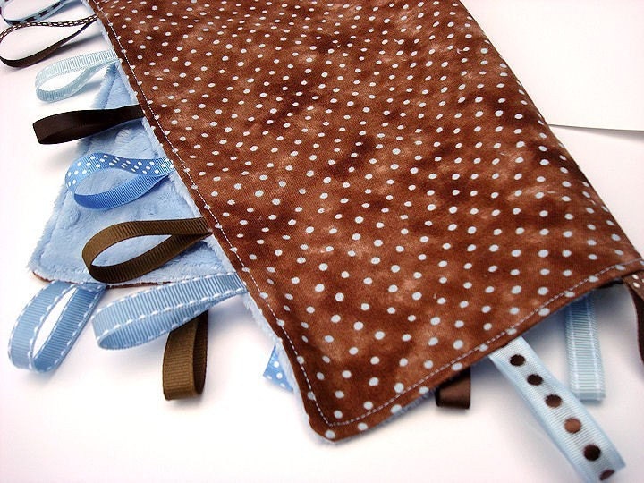 Chocolate Sky -- minky tag lovie blanket -- with tab -- brown and blue dots
