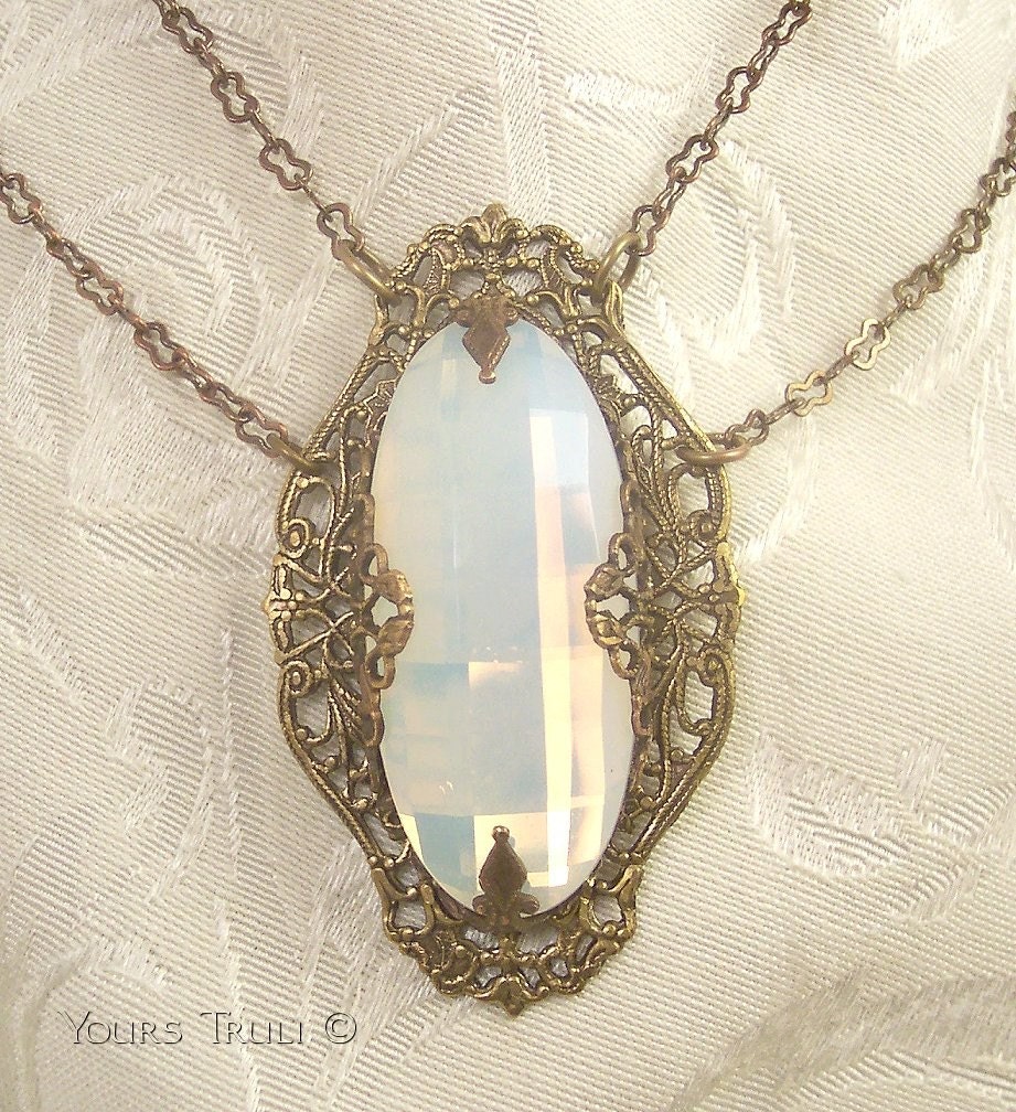 Victorian Inspired White Fire Opal Glass Jewel Filigree Necklace