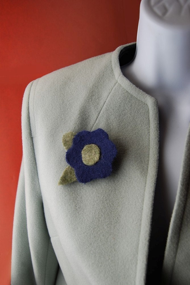 Blue Handmade Felted Flower ART BROOCH  Made From Recycled Sweaters - Go Green Series