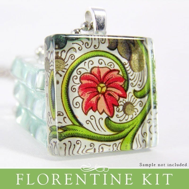 Make 6 Square Glass Pendants with Gorgeous Florentine Papers. Deluxe DIY kit with supplies and Handmade By Me Glass Squares.