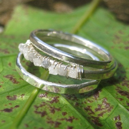 Rough Diamond and Fine Silver Ring Stack