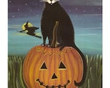 HALLOWEEN CAT Folk Art Print BLACK CAT on PUMPKIN Witch Broom FUN PAINTING POSTER ART Signed