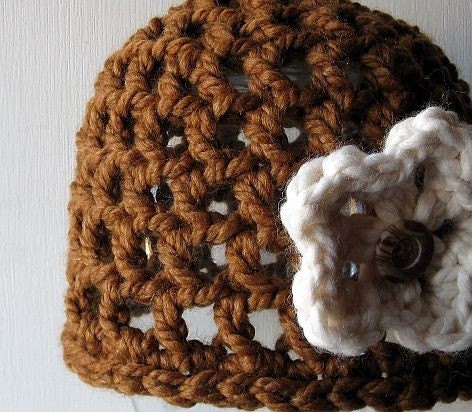 Hat - Caramel Brown Beanie Cloche Cap with White Flower Brooch Pin - Free Shipping