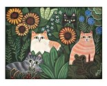 GARDEN CATS Kitty Cat Print SIGNED ART PRINT Striped FELINE FLOWERS FUN