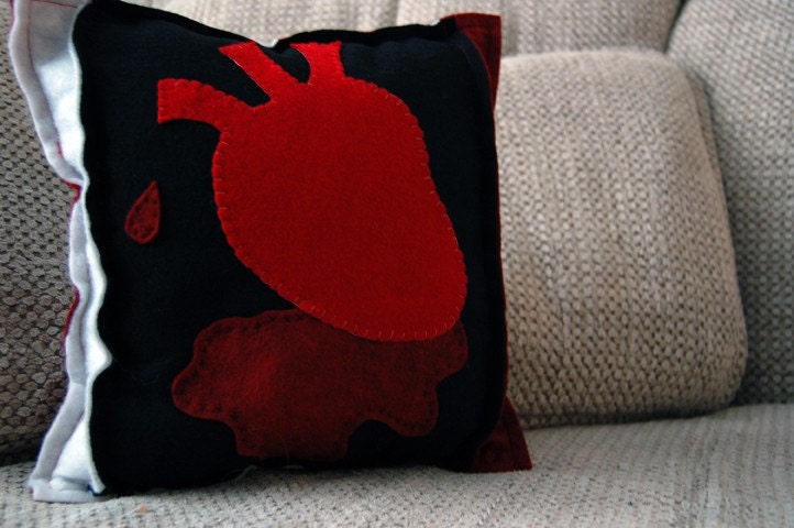 Bleeding Heart Pillow -- Black White Red Eco Spun Felt