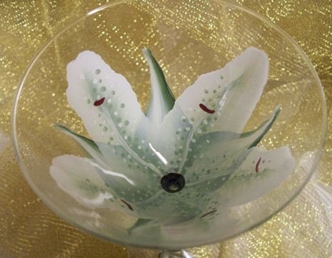 Martini Glass Hand Painted with a White/Sage Lily