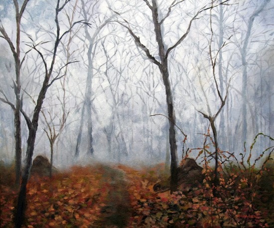 Autumn Mist- Autumn forest realism landscape trees in fall with fog 20x24 original oil painting by Marina Petro