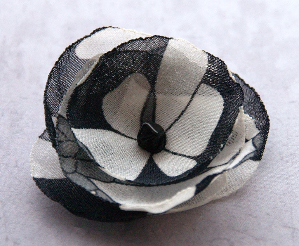 Black and white chiffon flower brooch