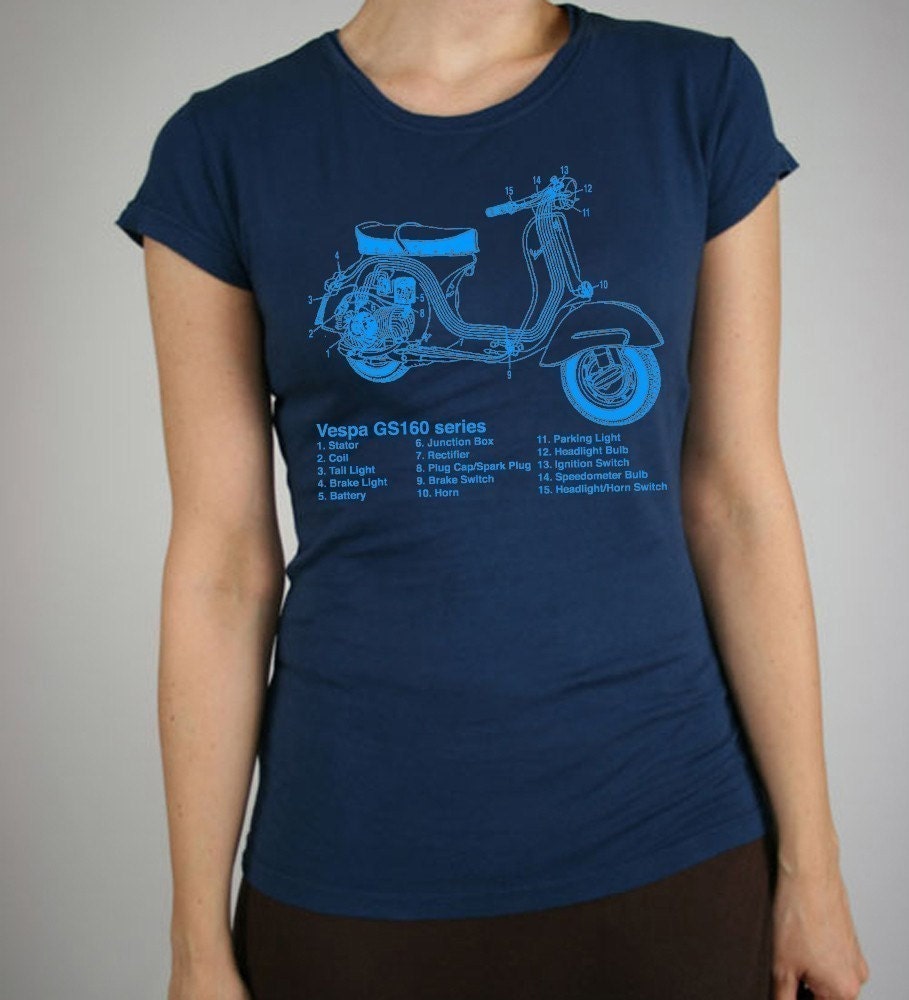 Vespa Scooter Graphic Print Alternative Apparel Girls Cap Sleeve Vintage Soft Navy T-Shirt in S, M, L, XL
