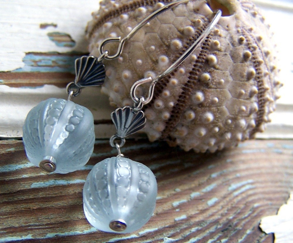 Vintage Lucite sea urchin earrings in pale blue and sterling silver