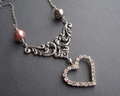 Antique Silver Rhinestone Feminine Heart Necklace - Sparkling Romance