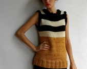 striped top - mustard antique white and black hand-knitted tank