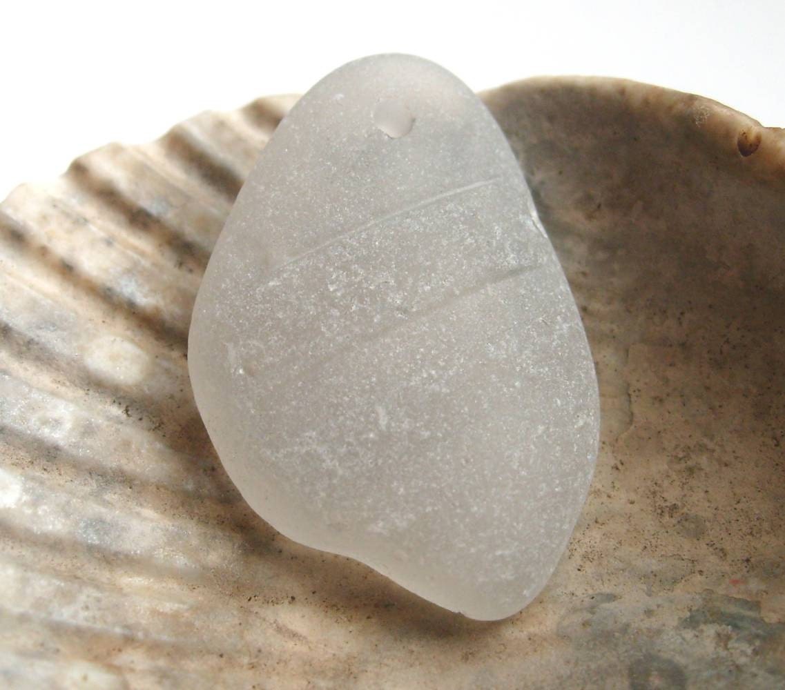 Frosted White Genuine Sea Glass Rim Top drilled by Lake Erie Beach Glass LEbg