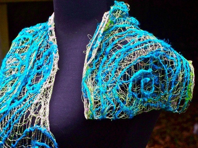 Charlotte's Web Spring Fashion Shawl by X-Stream Fibers in turquoise and green
