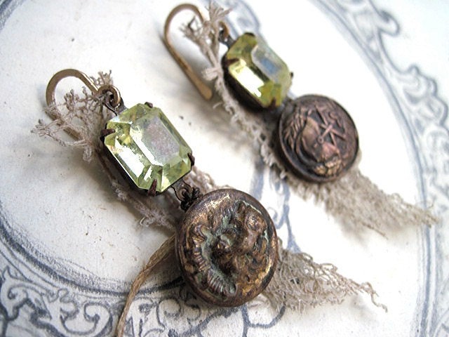 The Brethren of Purity. Vintage Jonquil Rhinestone and Antique Button Earrings.