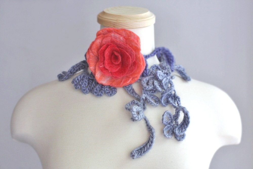 Felted Flower Rose with Crocheted Necklace/Lariat/Scarf/Bracelet in Gray, Indigo, Red, Deep Salmon, and White  Inspired by Vintage Style Jewelry