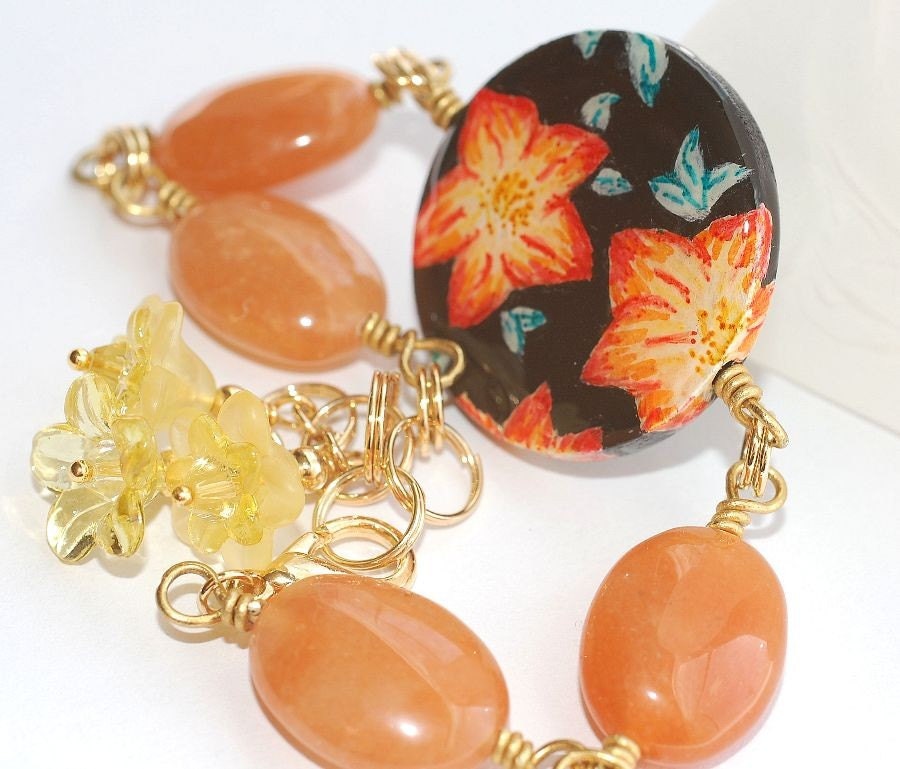 Wild Flowers Bracelet  Original Ooak Wearable Art  with Gemstones on Gold