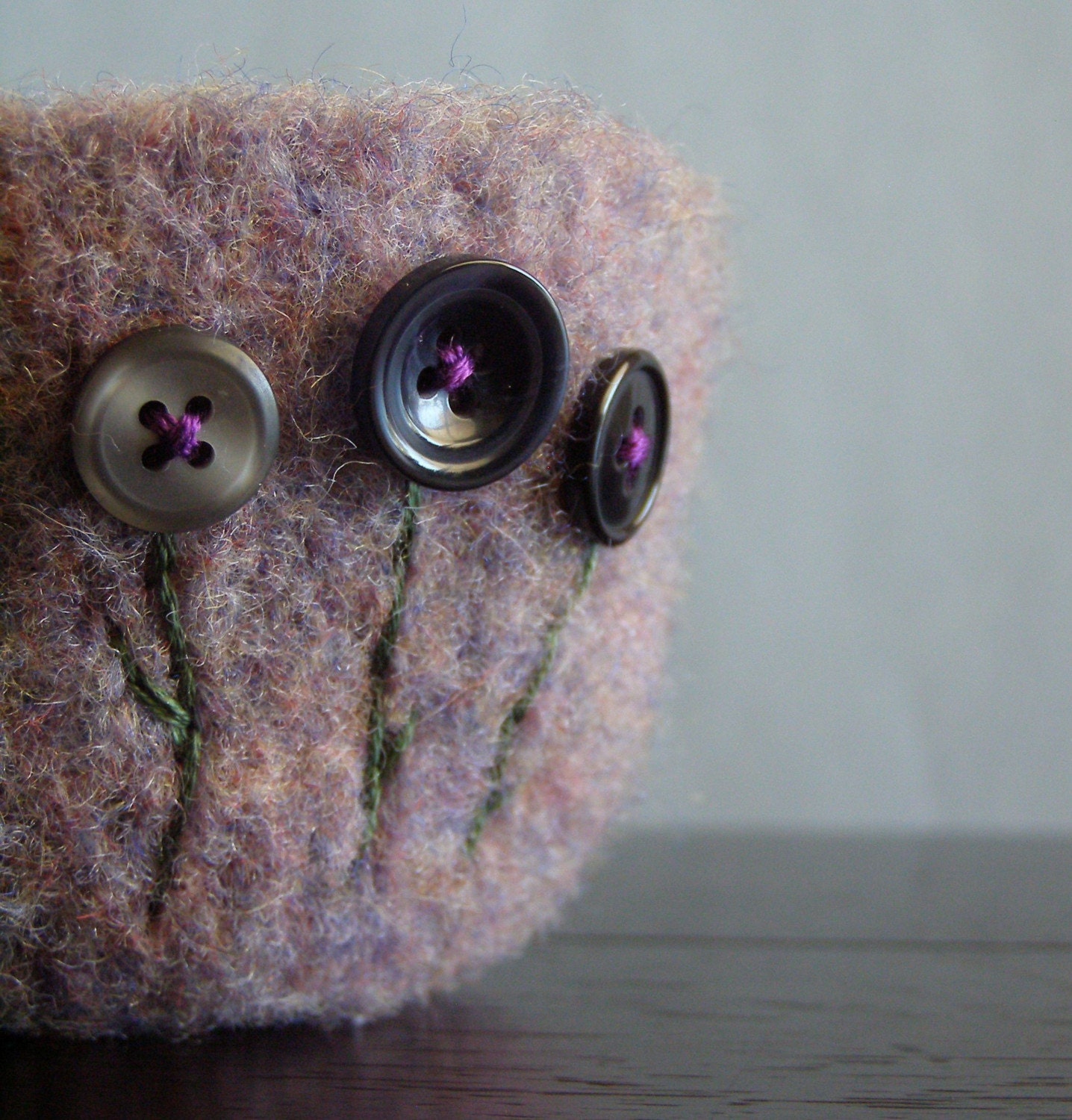 fuzzy felted lavender wool bowl with three grey button flowers