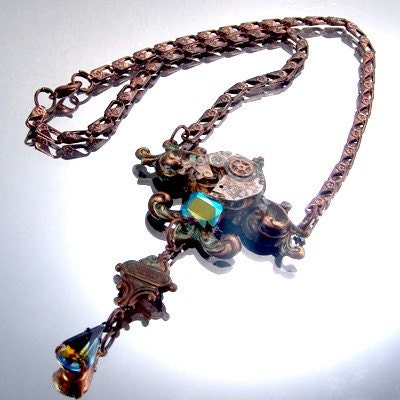 Steampunk Floral Necklace, Patina Finish, Watch Head, Movement, 50 Year Old Crystal, Floral, Torch Soldered, Fancy Linked, Wholesale Priced, Antiqued Copper, Exclusively from Kay, 4774