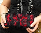 Zipper Clutch - Red With Puffy Black Lace - OOAK