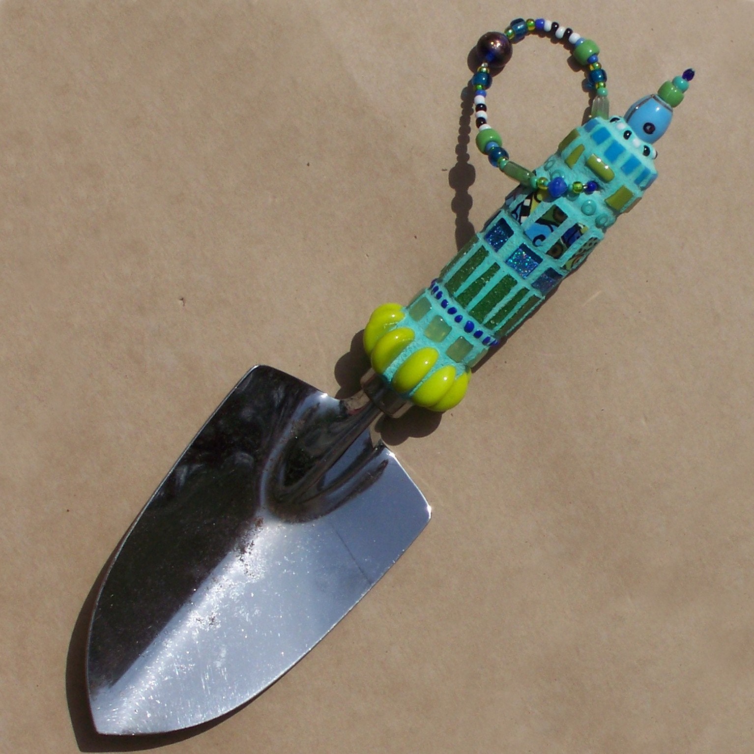 Mosaic Garden Tool, Hand Shovel, Aqua, Blue, Lime, Turquoise, Green