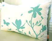 Mint Green Print on Off White Cotton Magnolia and Butterfies Rectangle Pillow