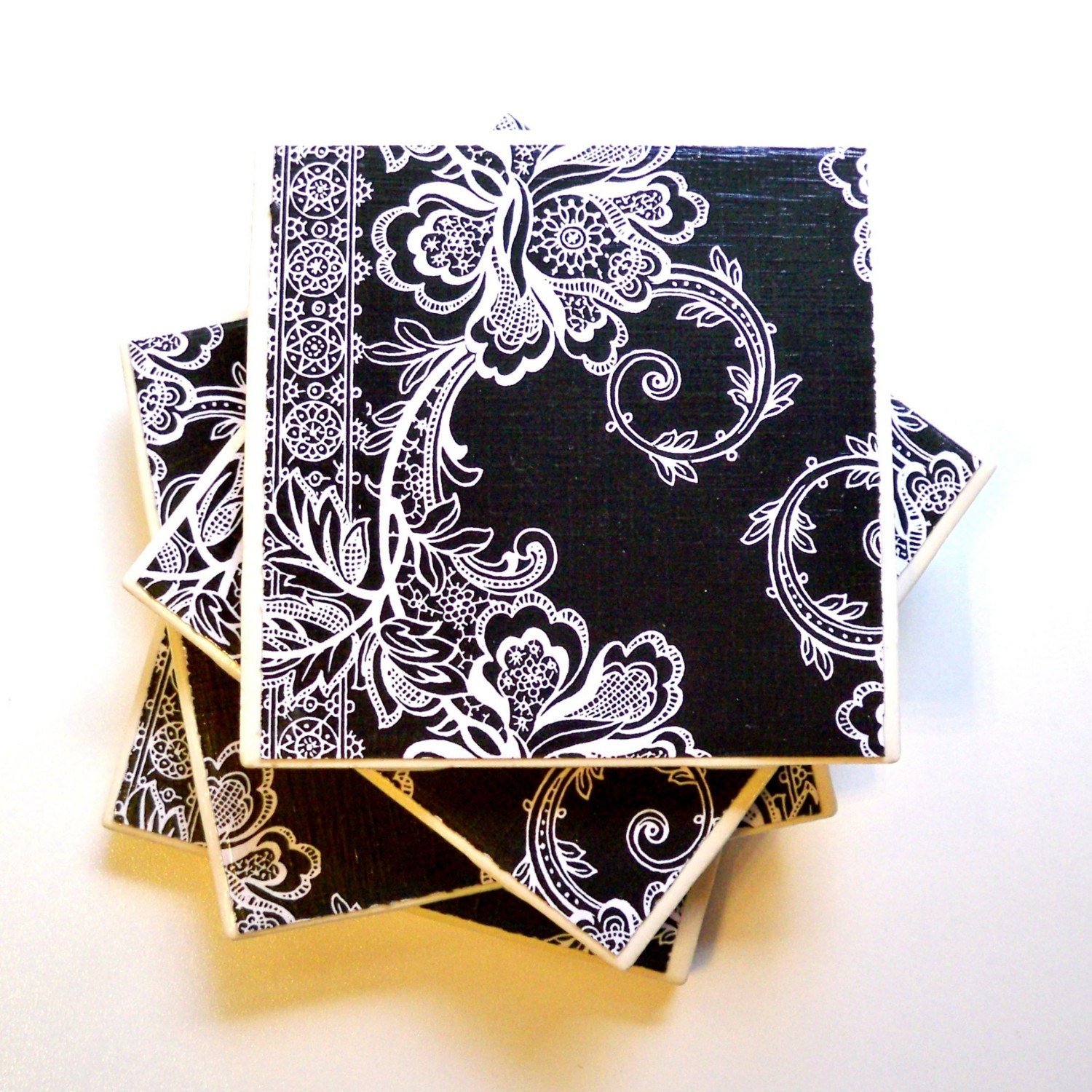 Ceramic Tile Coasters Set of Four, Classic Black and White