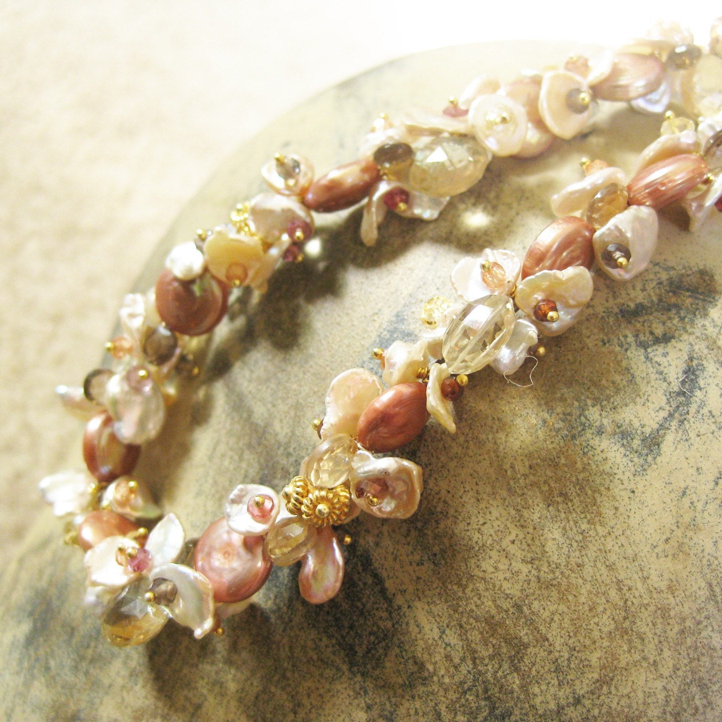 Creamy Keishi and Pink Coin Pearl Necklace with Sapphire, Citrine, Topaz in Gold