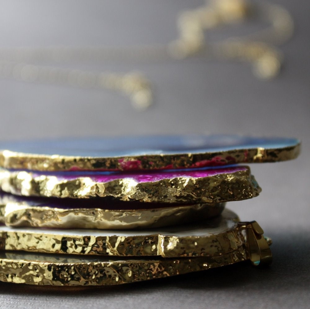 MYSTERY Agate Slice Pendant Necklace in Gold, Custom Color, Custom Length