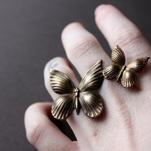 Floating Brass Butterflies Statement Ring in Oxidized Brass, Custom Size