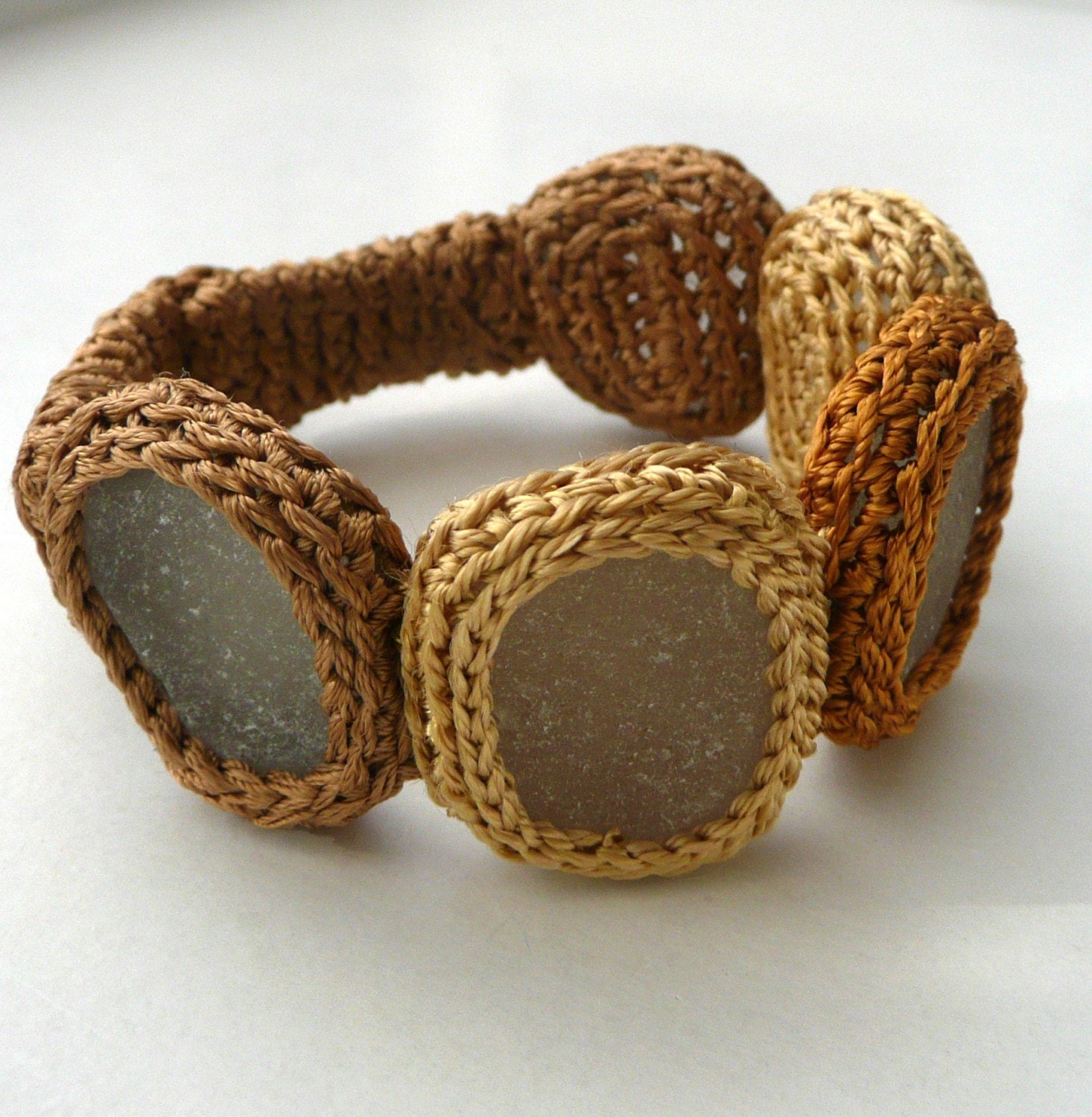 Golden - brown bracelet with 5 sea glasses