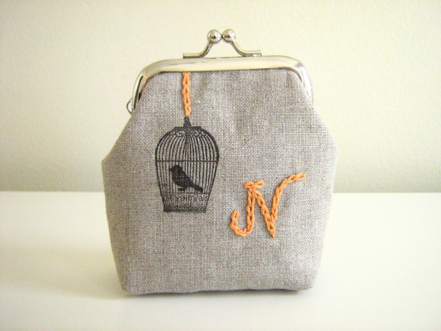 Choose your own Initial- Bird in a Cage mini clasp purse- ships free to U.S. and Canada