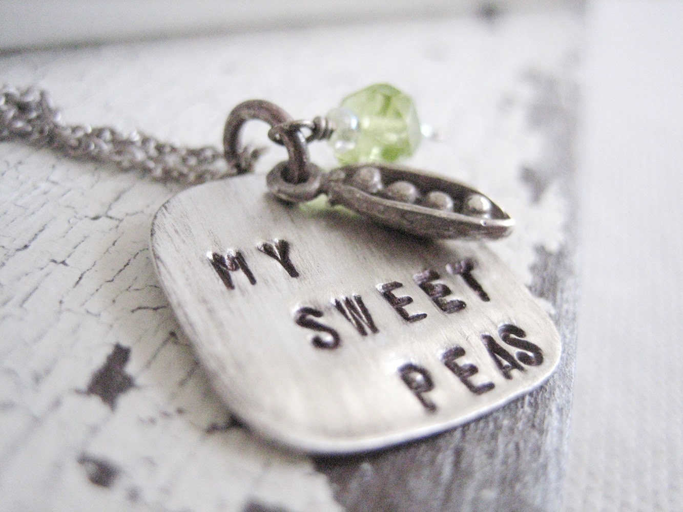 hand stamped jewelry, my sweet peas necklace.