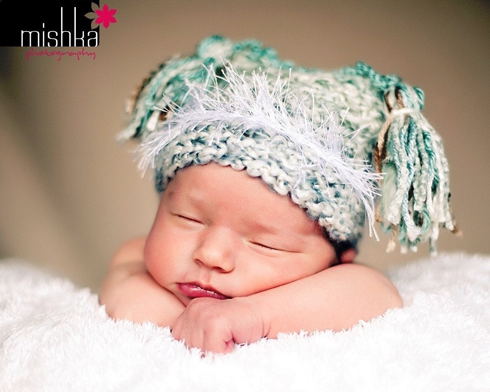 Crocheted Jester Hat For Newborn Baby in Aqua and Tan Accents on Green, Blue and White Yarn, Photography Prop
