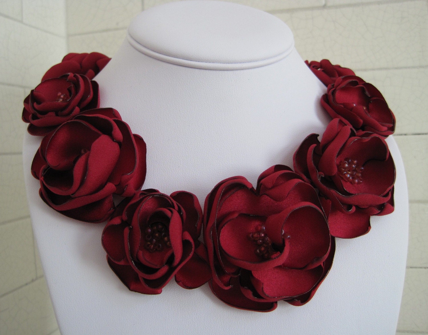 made to order - PAMELA  - scarlet red satin and czech glass bead fabric flower necklace with ribbon tie