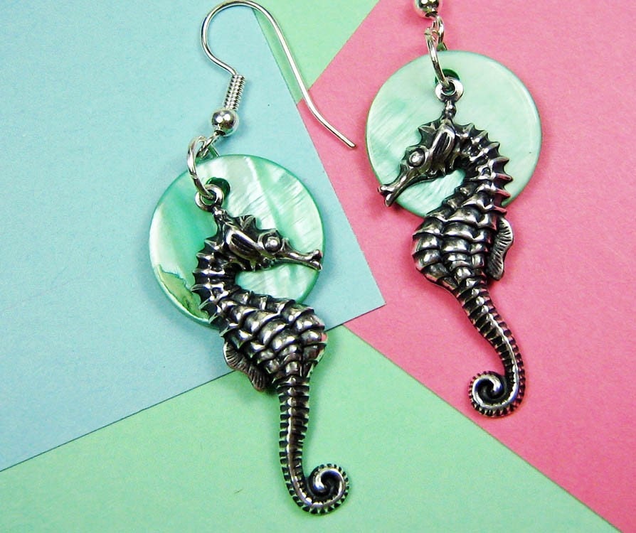 Seahorse Seashell Earrings Teal