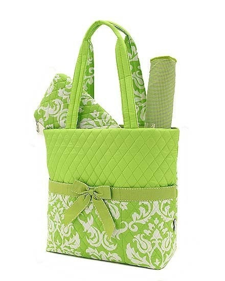 Lime and White Embroidered Diaper Bag