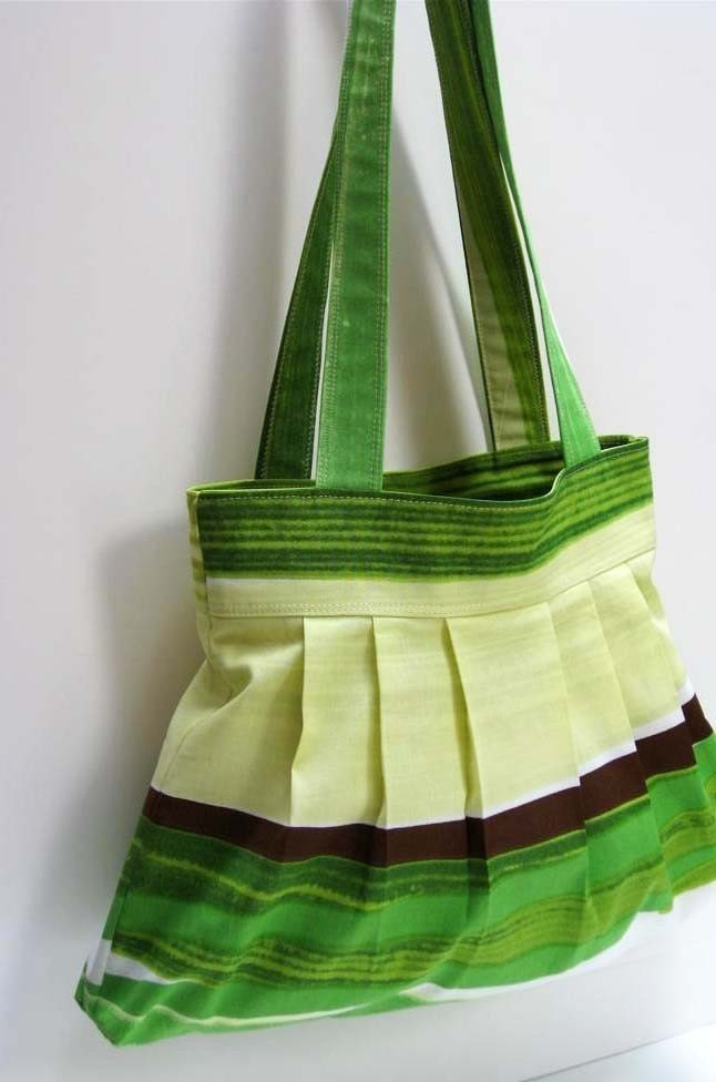 Pleated Bag with Double Straps made with Marimekko Fabric Matkalle Maalle Green