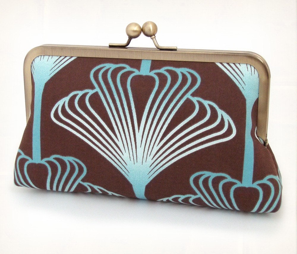 Teal plume silk-lined clutch bag