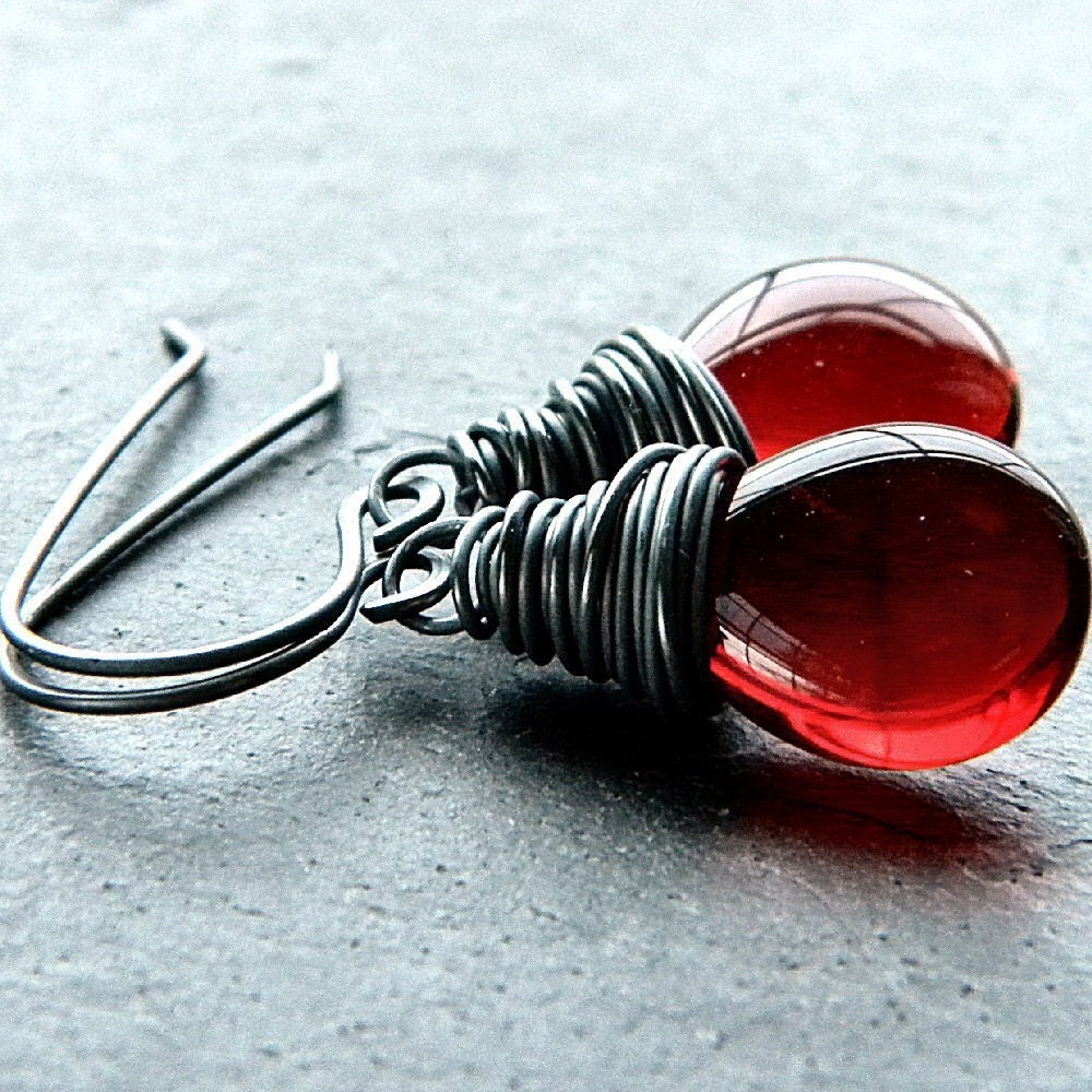 Scarlet Red Glass Teardrop Oxidized Sterling Silver Wire Wrapped Dangle Earrings - Fever