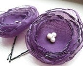 Purple with Pearls Organza Flower Hair Pins