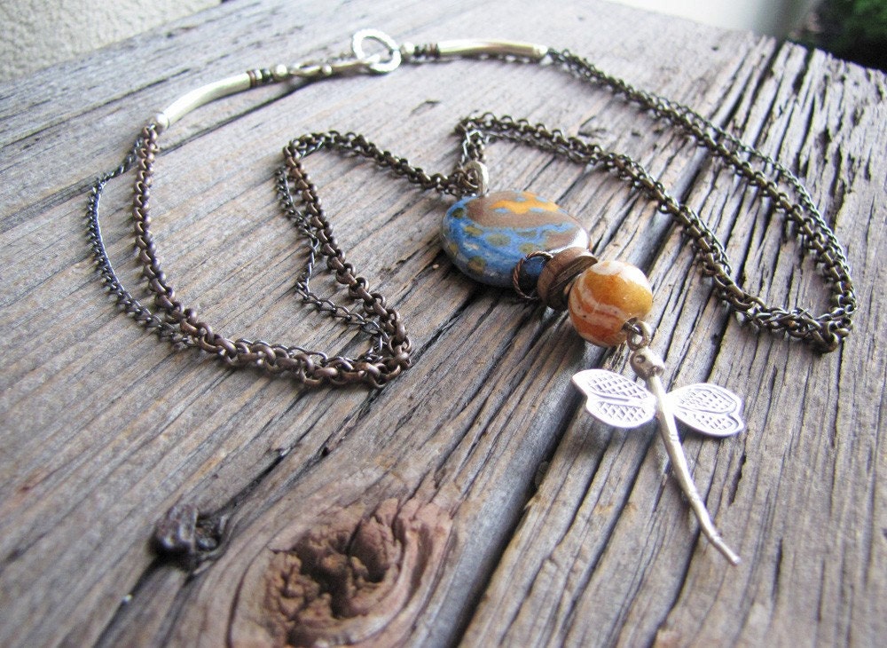 SALE Necklace - Kazuri, Thai Hill Tribe dragonfly, mixed metals