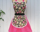 Retro 50s BLACK and PINK  BETSY FLORAL with  POLKA DOT full APRON with fifties ric rac details make a sexy hostess and is vintage inspired