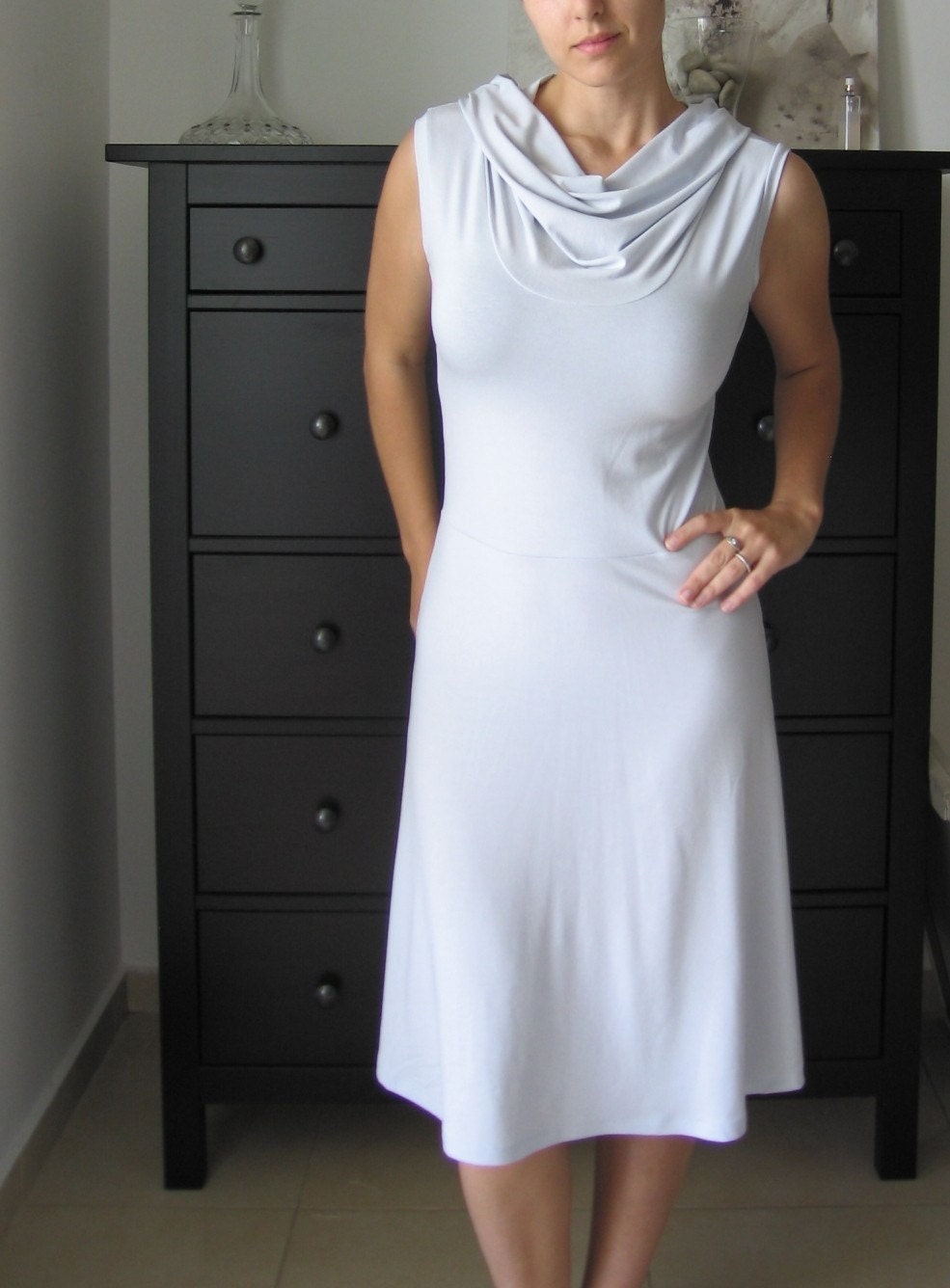 Cowl Neckline Dress  -Sleevless In Stone Grey