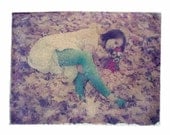 8x10 polaroid transfer of  girl with blue tights,wedding dress and gumball machine in a pile of leaves-signed by artist
