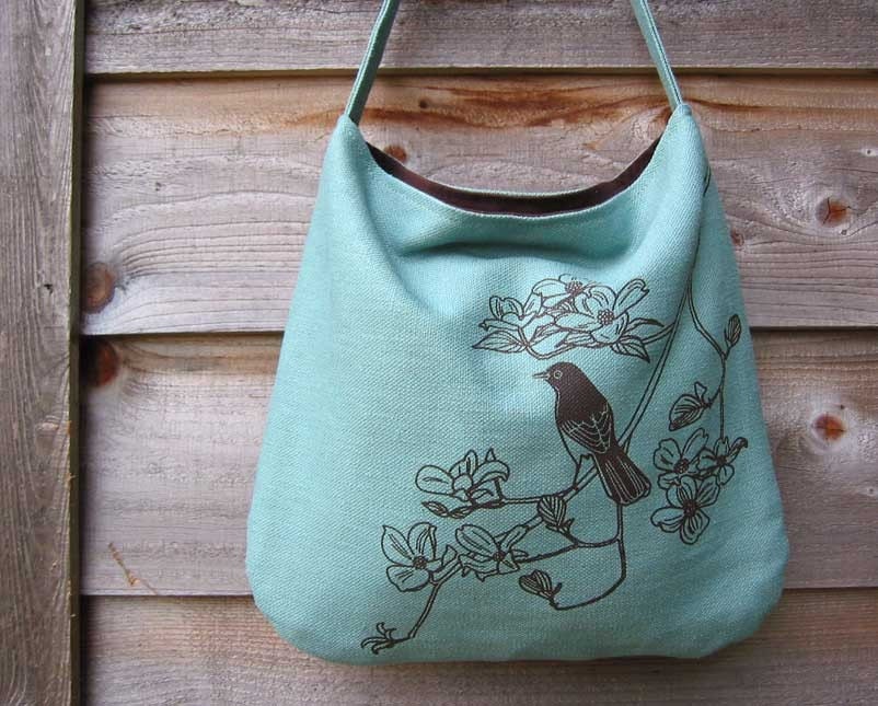 Eco-friendly Hemp Bag with Songbird on Dogwood (Turquoise)